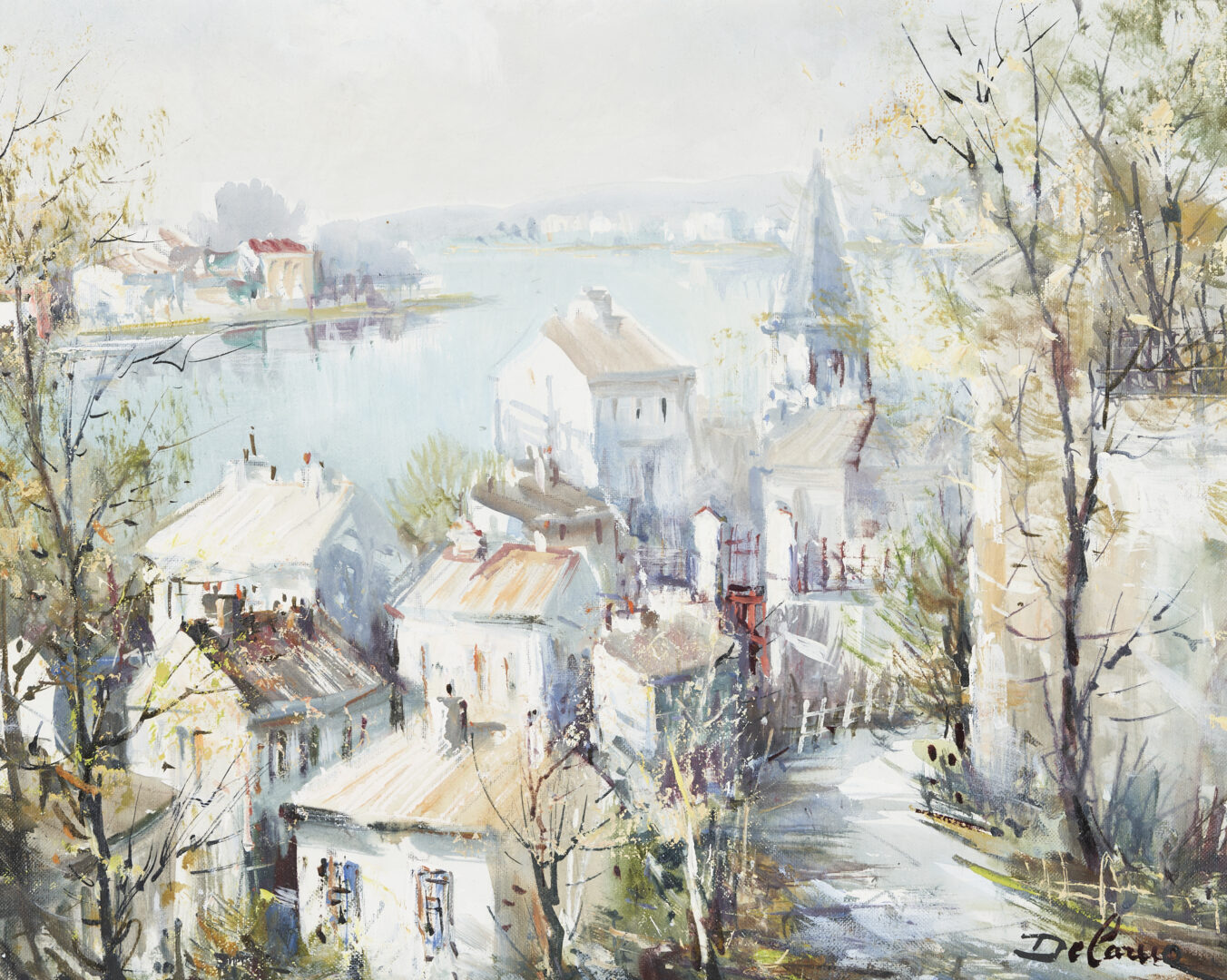 Lot 705: Lucian Delarue O/C River Scene, "La Seine a Conflans"