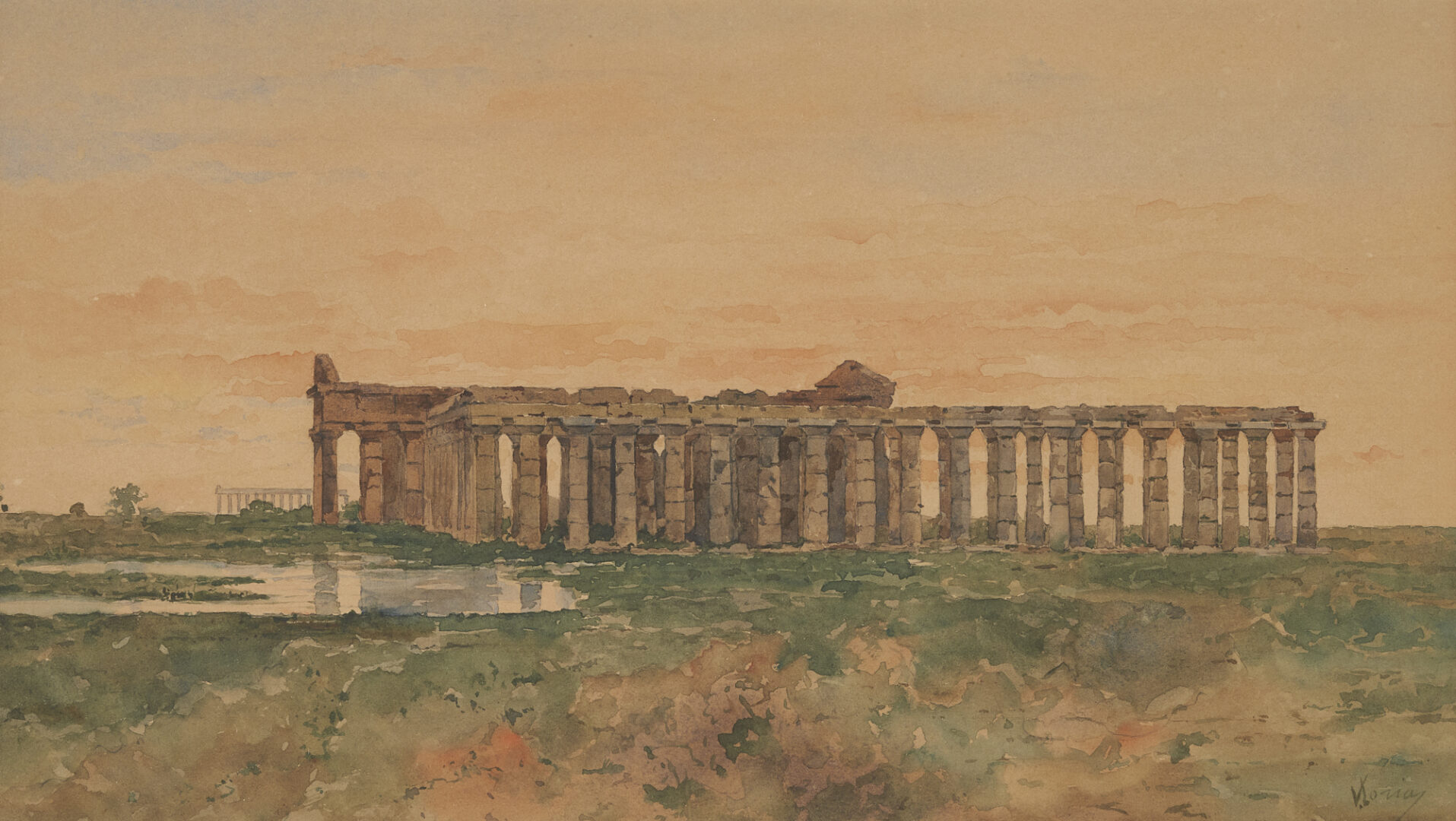 Lot 711: Vincenzo Loria Watercolor, Greek Ruins at Paestum