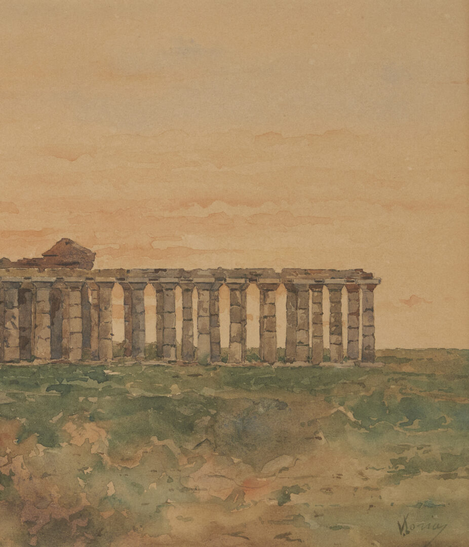 Lot 711: Vincenzo Loria Watercolor, Greek Ruins at Paestum