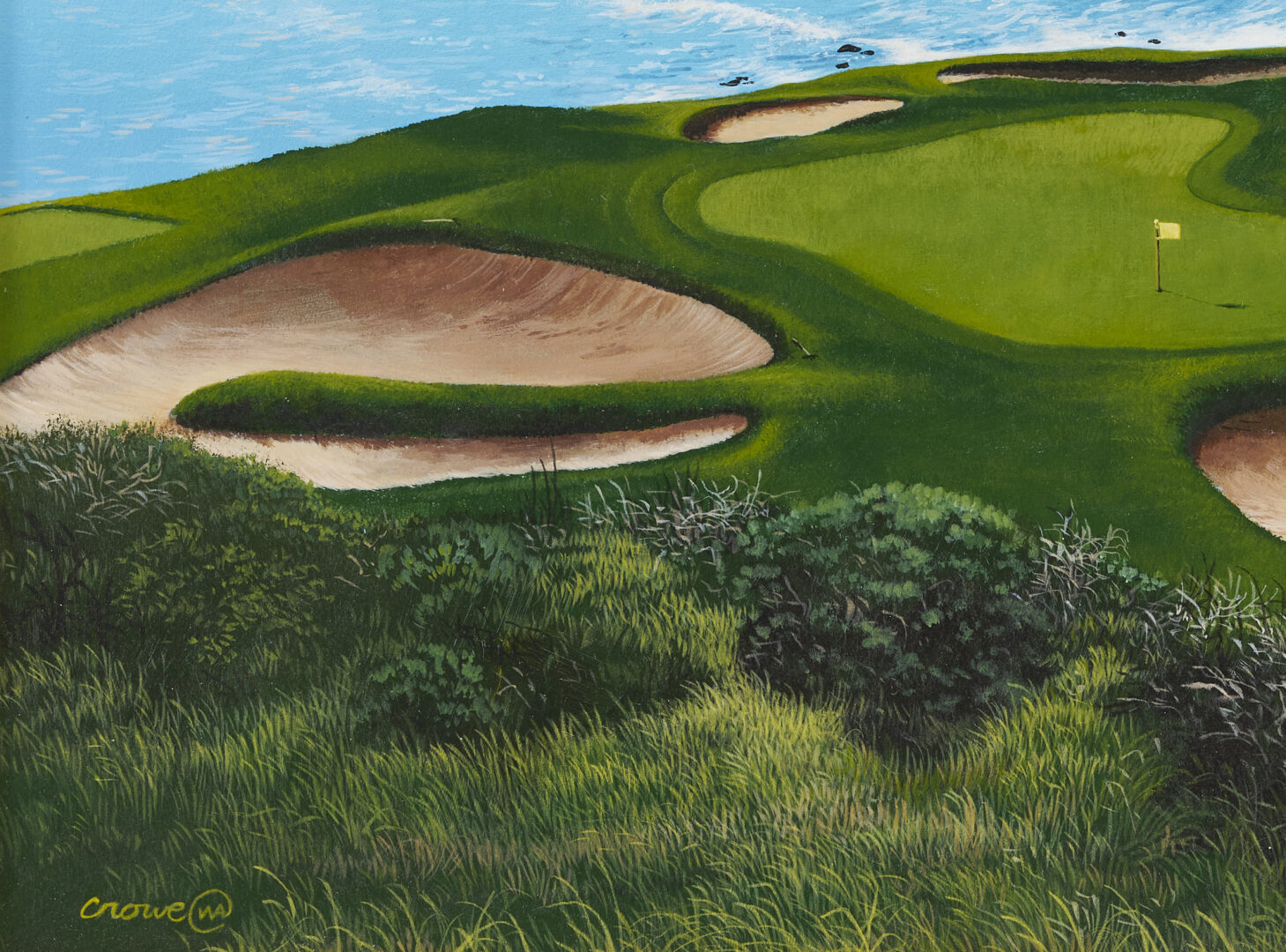 Lot 713: Phillip Crowe Acrylic on Board, Pebble Beach Golf Course Seascape