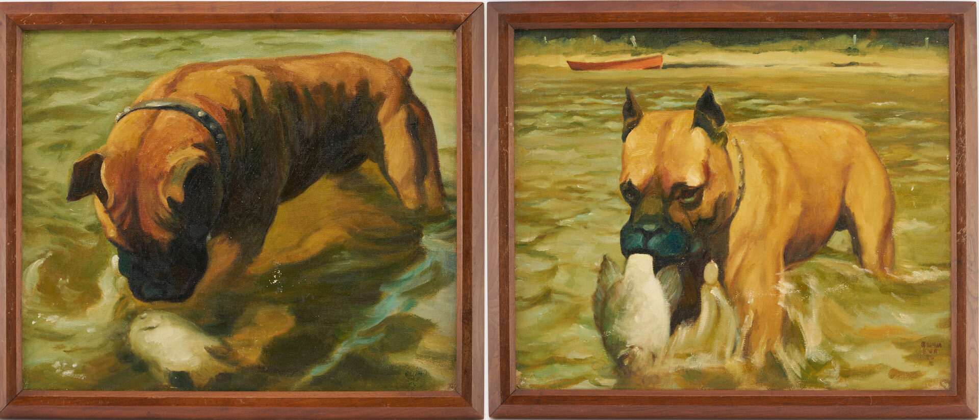 Lot 732: Pair Oil Paintings of a Fishing Dog, signed Blum