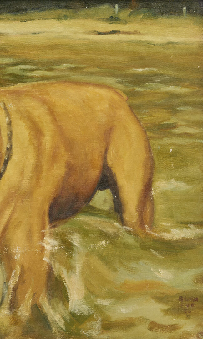 Lot 732: Pair Oil Paintings of a Fishing Dog, signed Blum