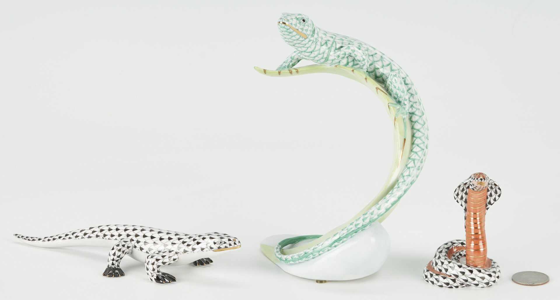 Lot 738: 3 Herend Porcelain Reptile Figurines, Lizards & Cobra