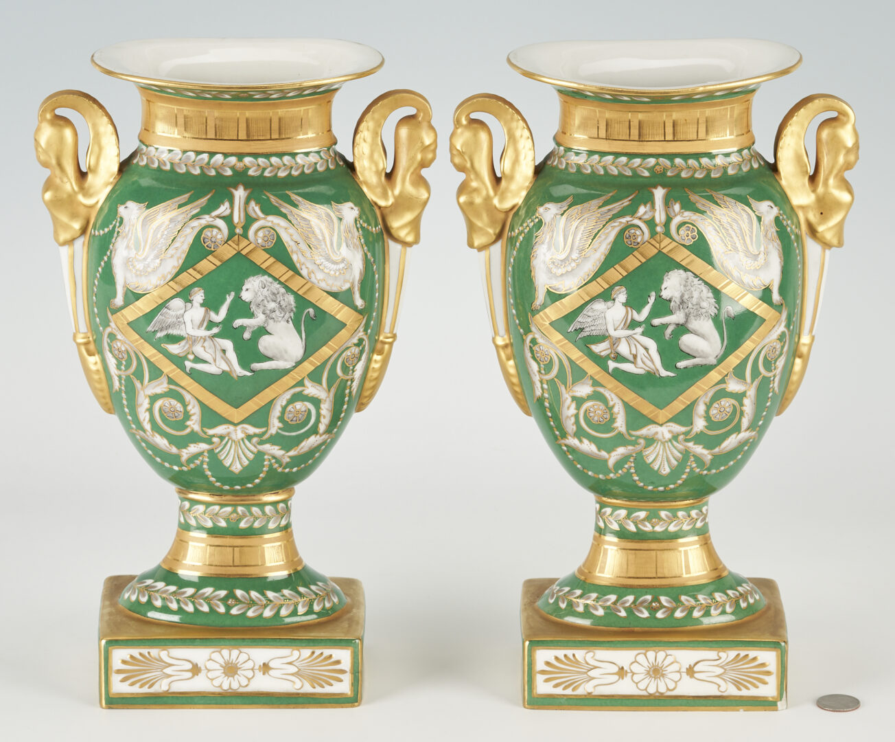 Lot 748: Pair French Green & Parcel Gilt Porcelain Urns