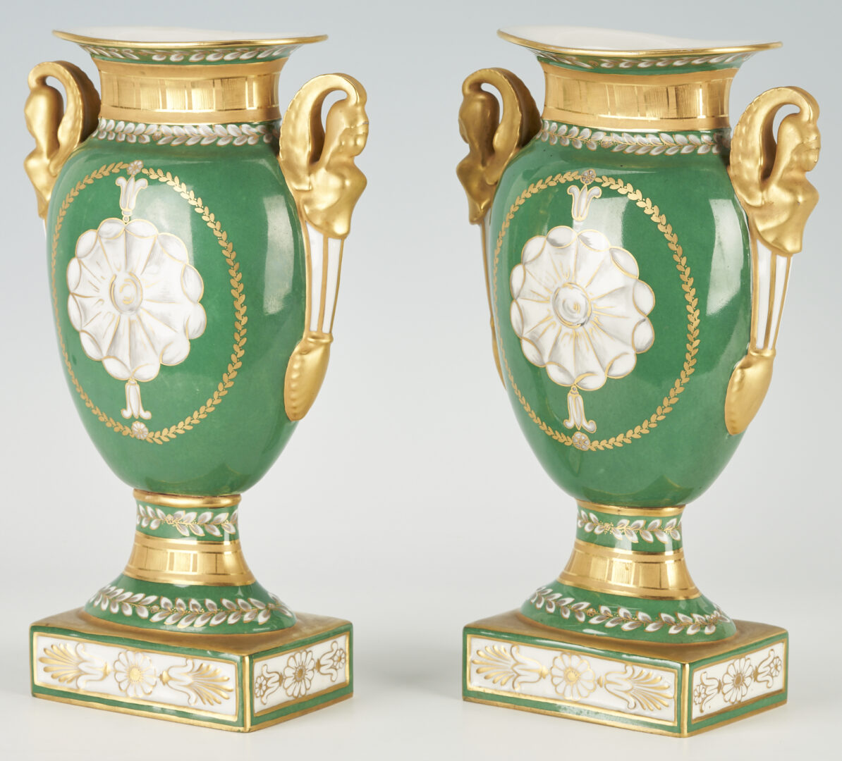 Lot 748: Pair French Green & Parcel Gilt Porcelain Urns