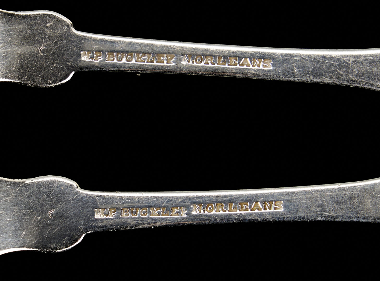 Lot 74: New Orleans Coin Silver Ladles, forks and spoons – 9 pcs.