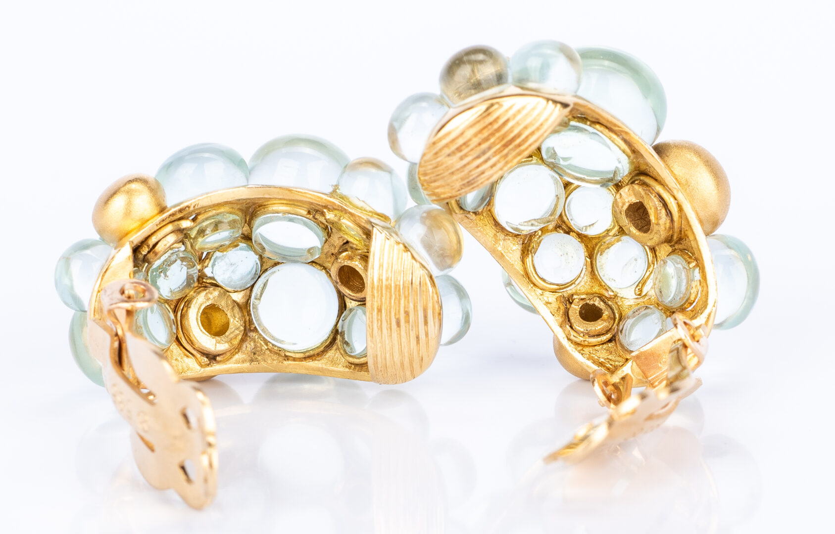 Lot 773: Bead Gold Ball Hoop Earrings with Cabochon Moonstone Beads