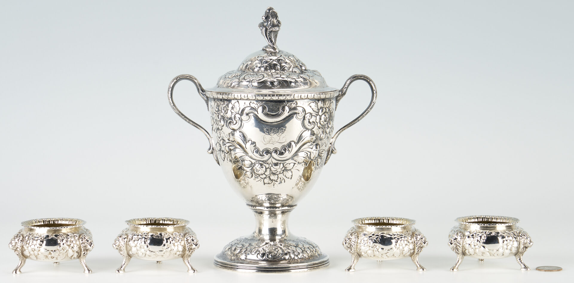 Lot 77: Baltimore Repousse Coin Silver Sugar Bowl and Salts inc. A.E. Warner