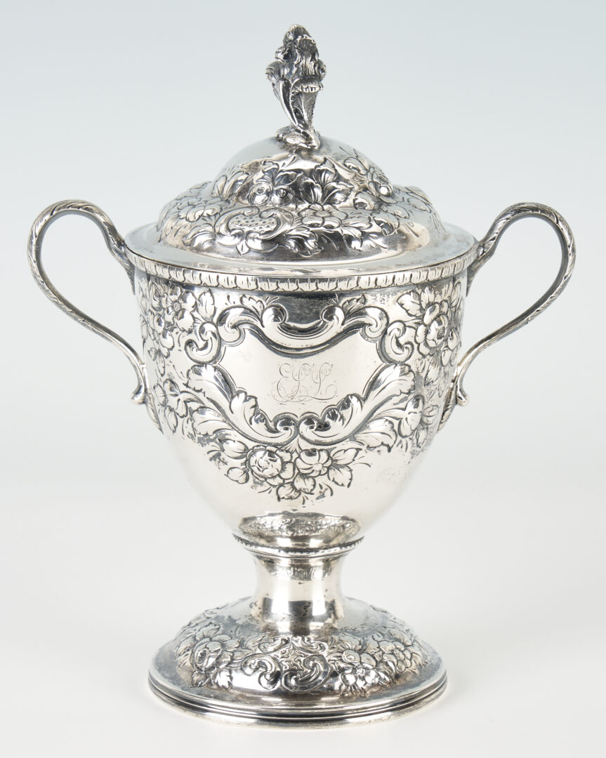Lot 77: Baltimore Repousse Coin Silver Sugar Bowl and Salts inc. A.E. Warner