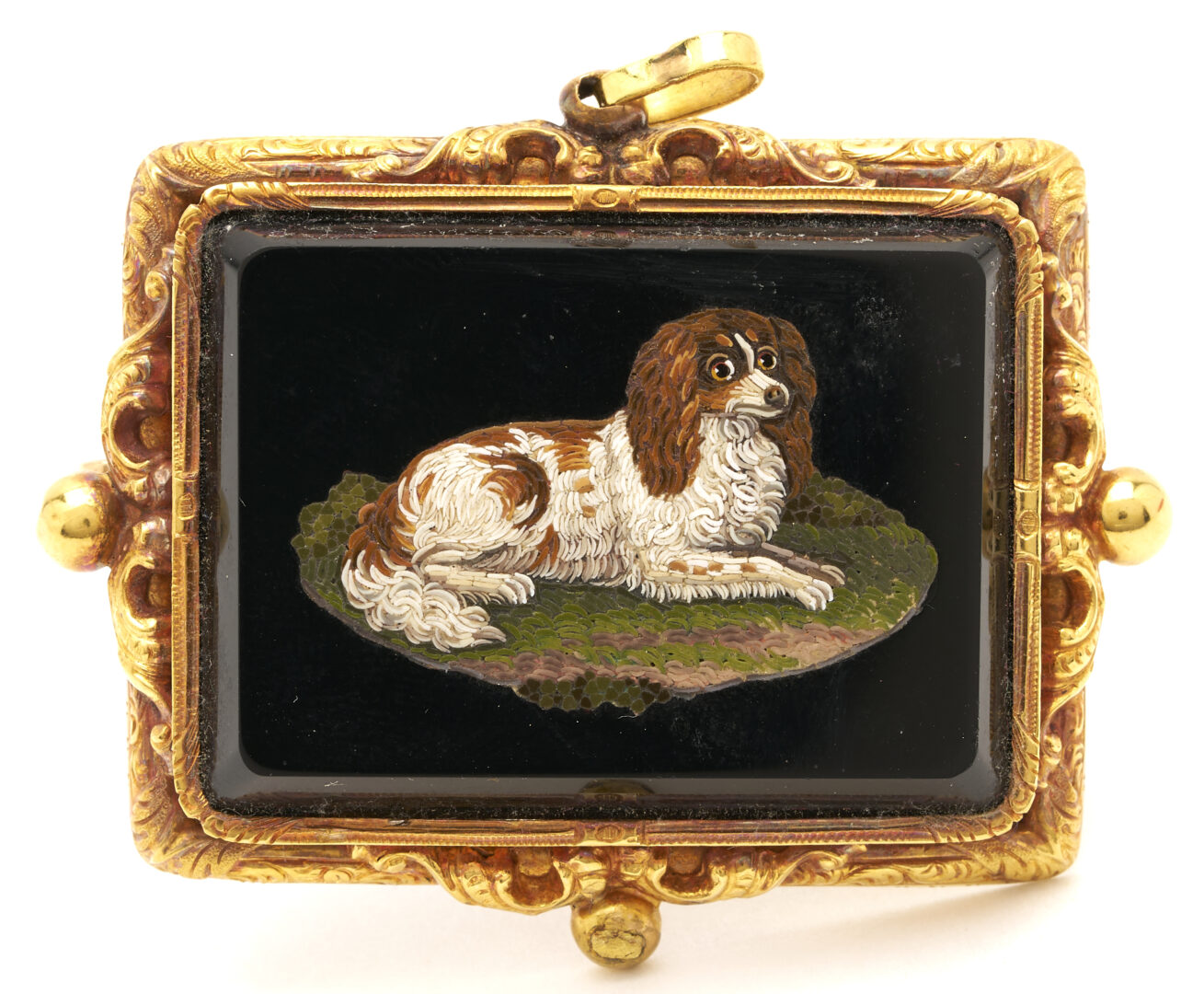 Lot 782: Dog Micro Mosaic Brooch plus Victorian Garnet, Pearl Pendant