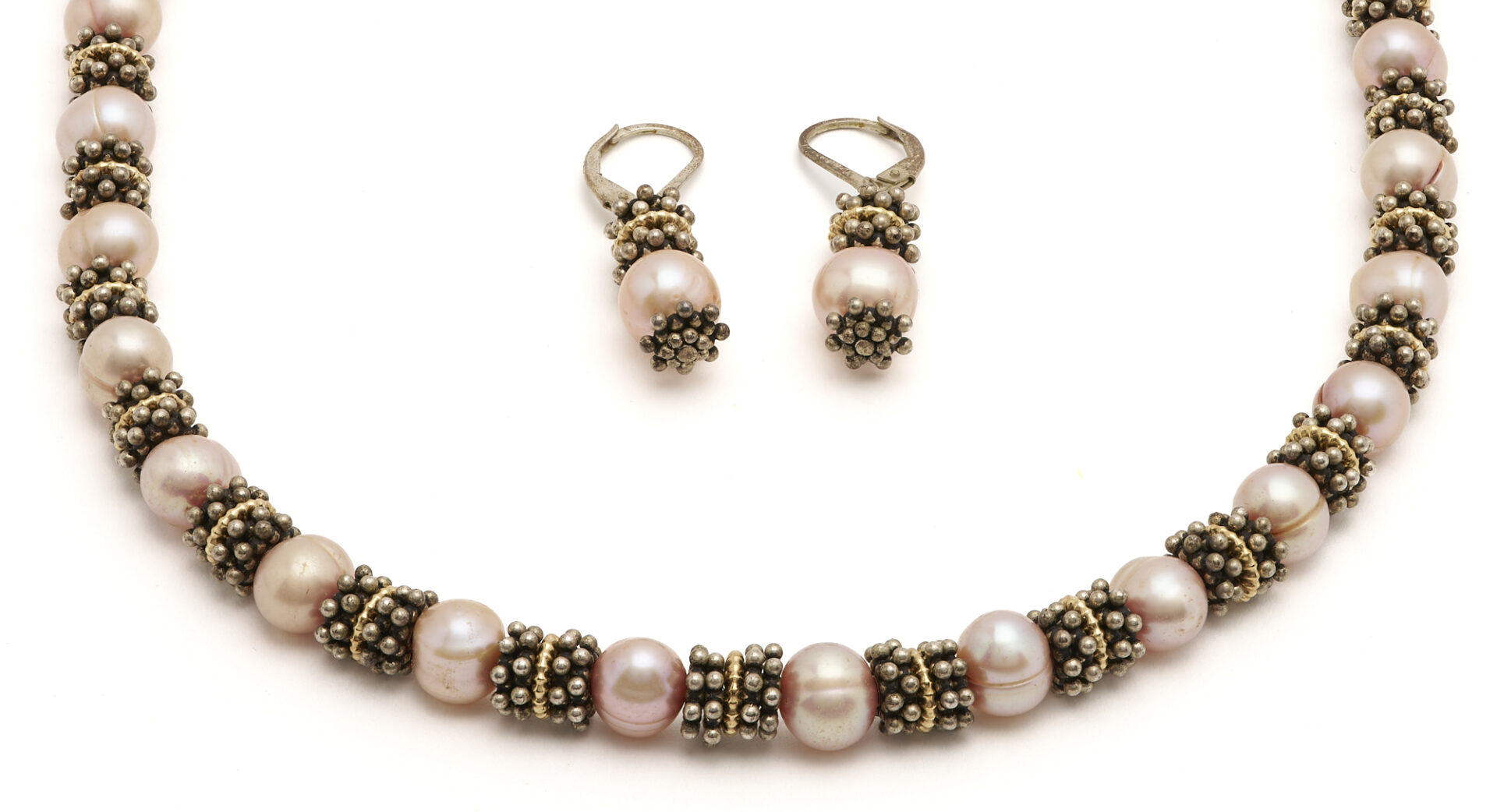 Lot 785: Designer Silver, Gold, & Pearl Necklace with Matching Earrings, Sadye L Vassil