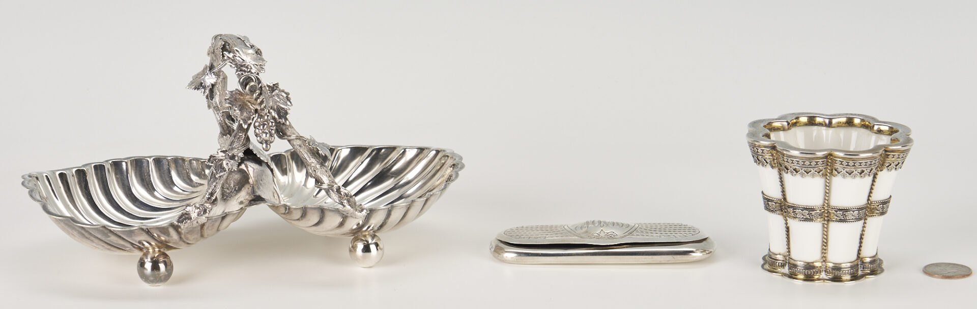 Lot 802: 3 Silver Items: Eyeglass Case, Cup & Shell Dish