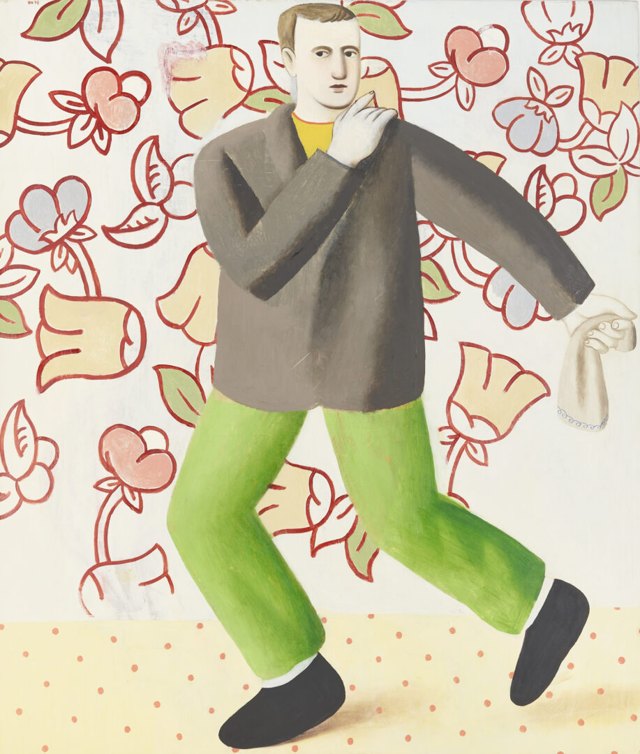 Lot 819: Brian Novatny Oil on Canvas, Man in Green Pants on Yellow Floor