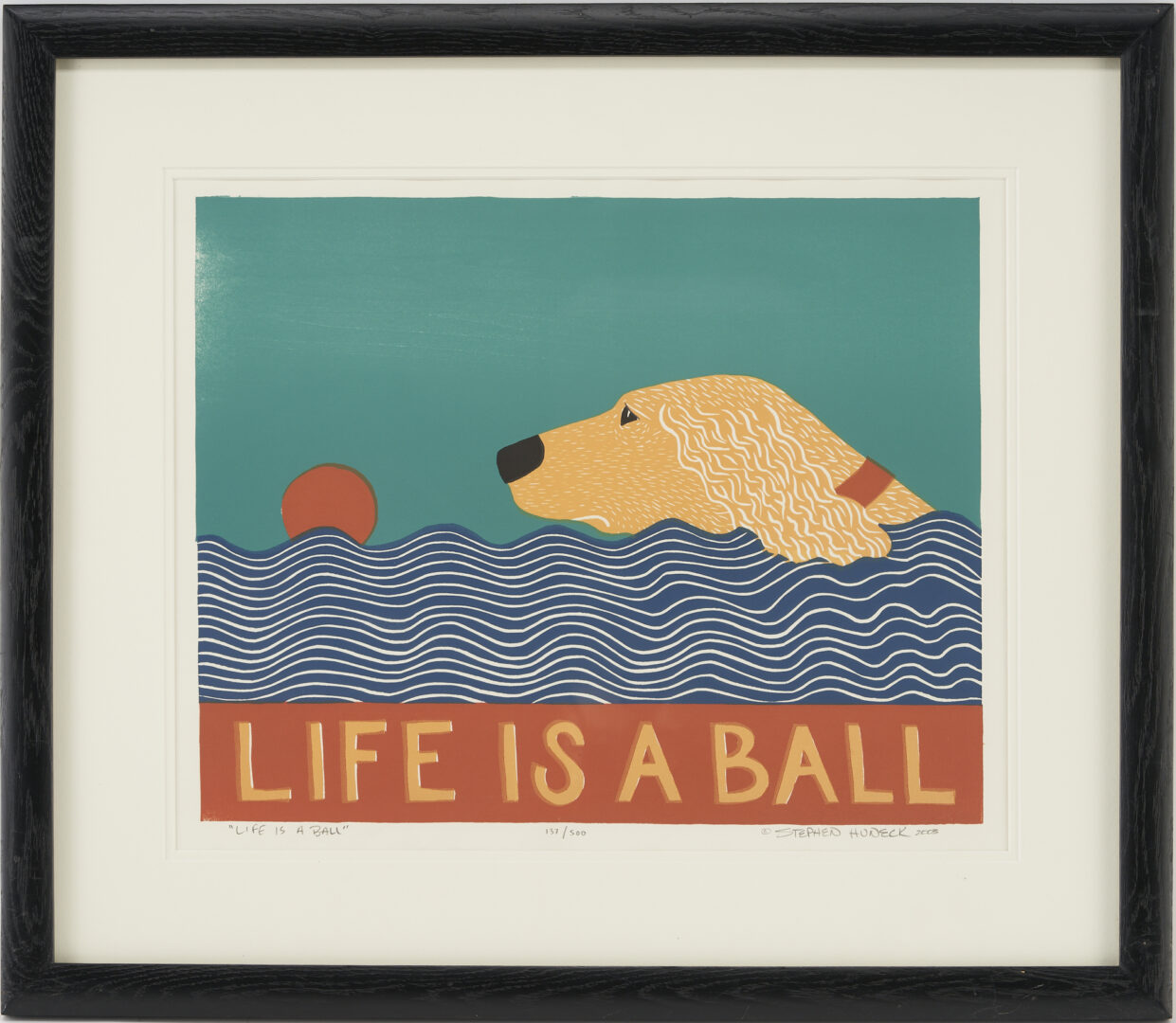 Lot 822: Stephen Huneck Woodcut Print, Life is a Ball, 2003