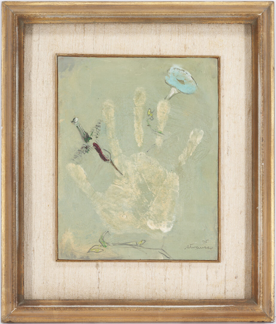 Lot 828: Sterling Strauser O/B Painting, Handprint with Bird & Flower