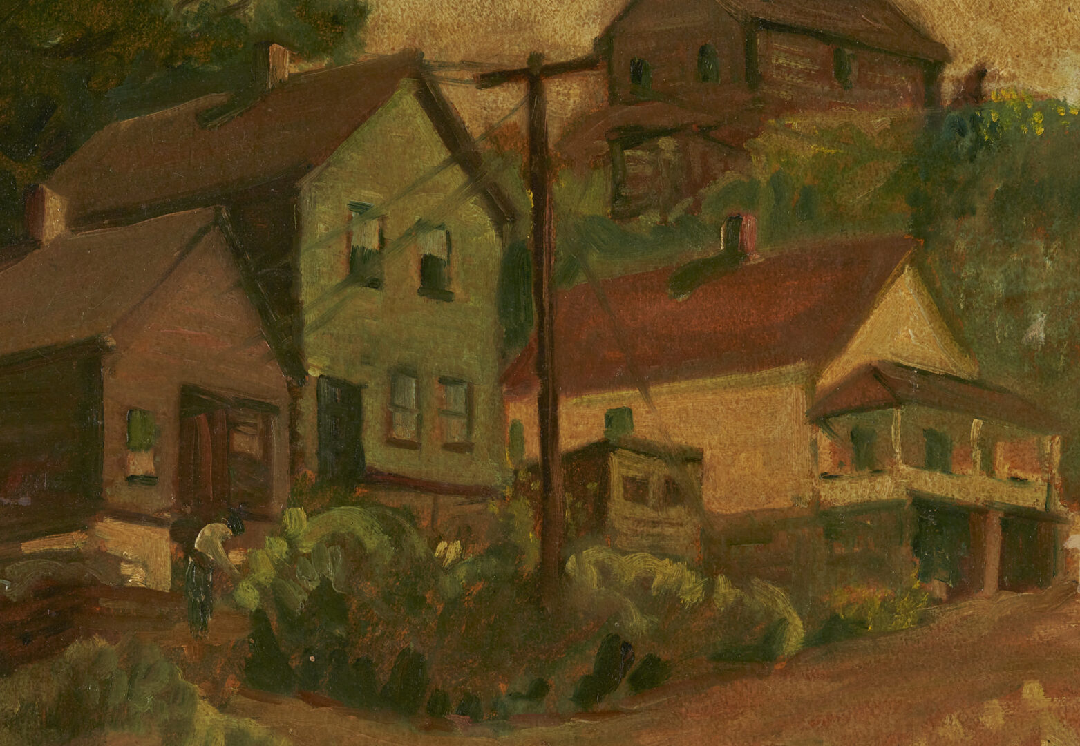 Lot 835: Mary M. Himler, WPA era O/B Painting, Houses in the Flats