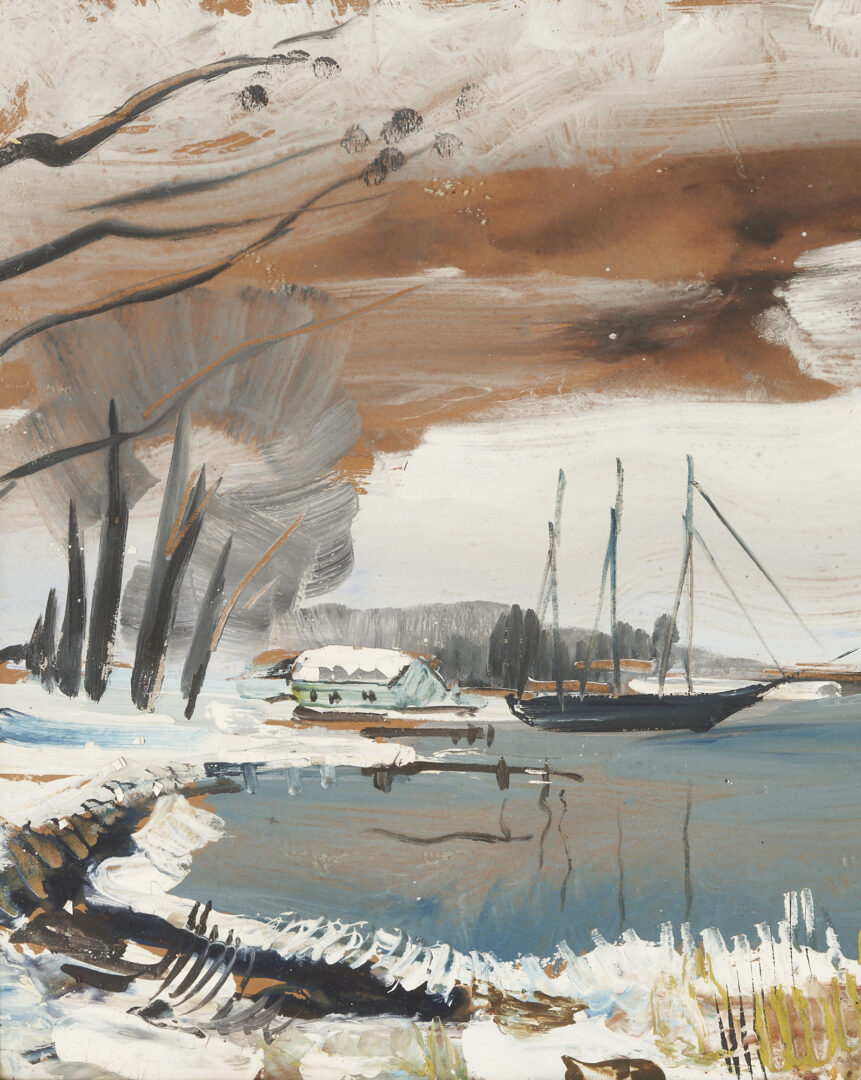 Lot 838: Rudolf Jacobi Gouache, Winter Harbor Scene