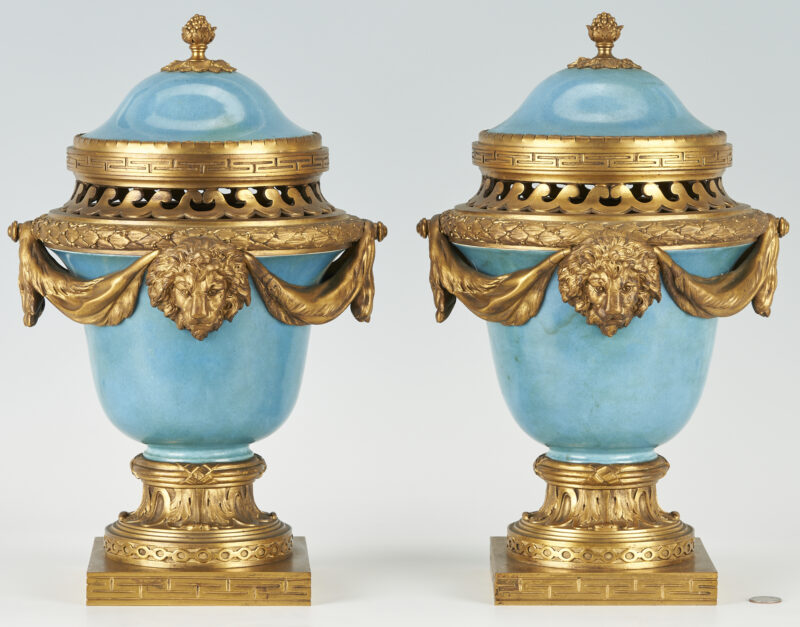 Lot 83: Pr. Sevres Style Blue Potpourri Urns, Neoclassical Bronze Mounts