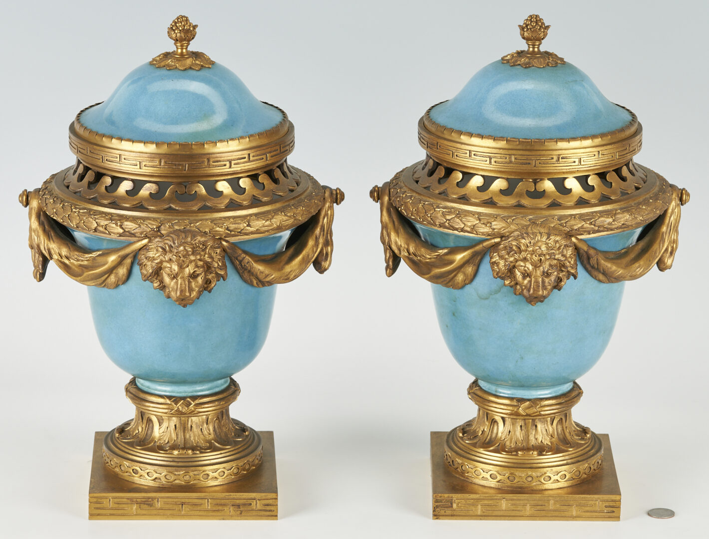 Lot 83: Pr. Sevres Style Blue Potpourri Urns, Neoclassical Bronze Mounts