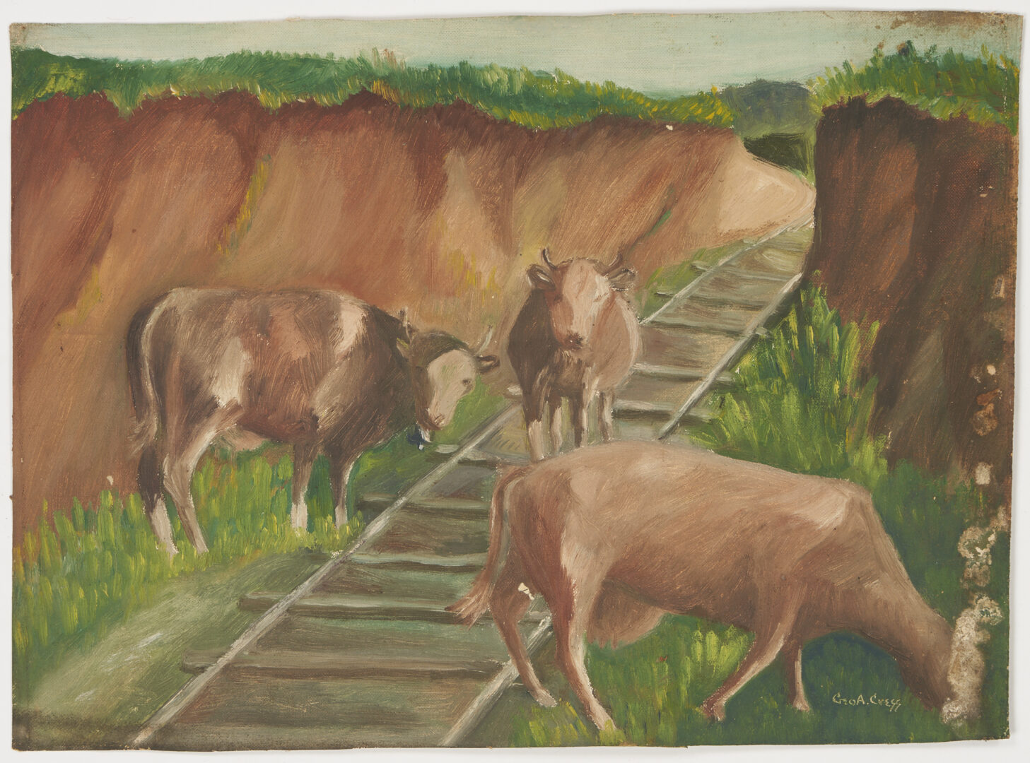 Lot 851: 5 George Cress Paintings, incl. O/C of Cows, 4 Watercolors
