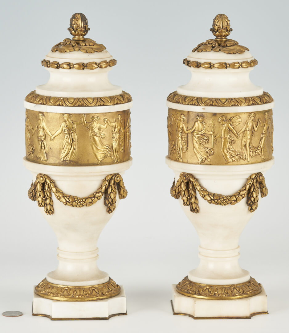 Lot 86: Pair of French Neoclassical Style Gilt Bronze & Marble Urns