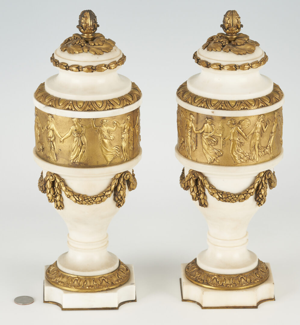 Lot 86: Pair of French Neoclassical Style Gilt Bronze & Marble Urns