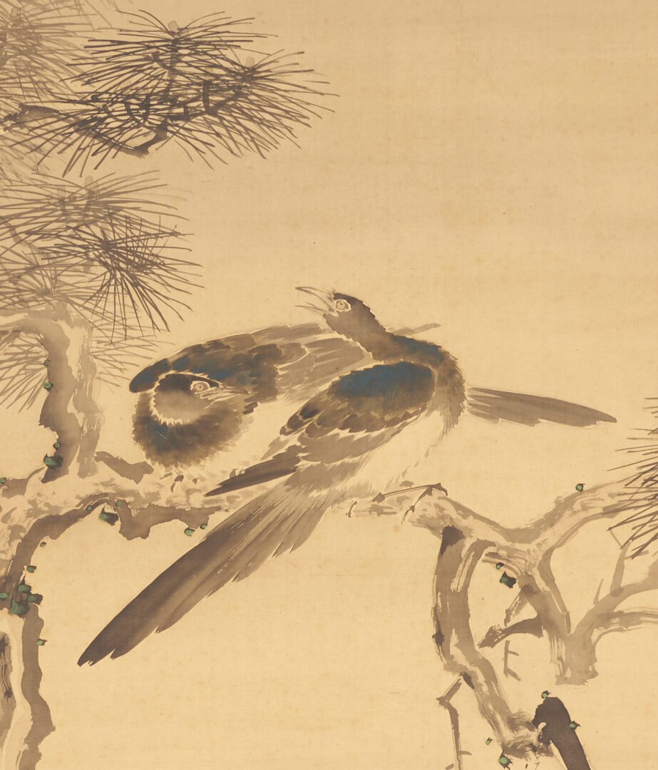 Lot 893: Japanese Scroll Painting, Birds in Pine Tree, & Utagawa Yoshitora Woodblock Battle Scene