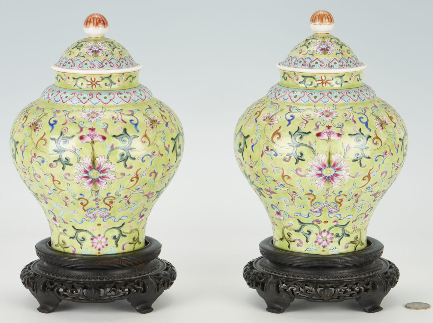 Lot 9: Pair of Chinese Lime Green Ground Famille Rose Jars